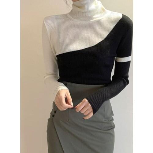South Koreas New Autumn Simple Tops Womens Black and White Contrast Stitching High Neck Pullover Slim Knit T-shirt KK795