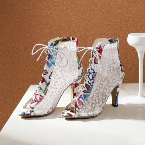 Ochanmeb Beautiful Print Flowers Women Summer Boots Floral Cross Tied Lace up Open Peep Toe Ankle Boots Embroidery Mesh Net Shoe