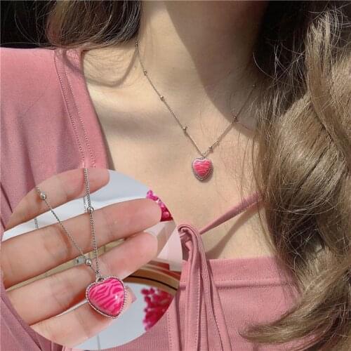 Pink Leopard Print Heart Pendant Necklace Cool Heart-shaped Stone Women Choker Necklace Layered Basic Collar Jewelry Accessories
