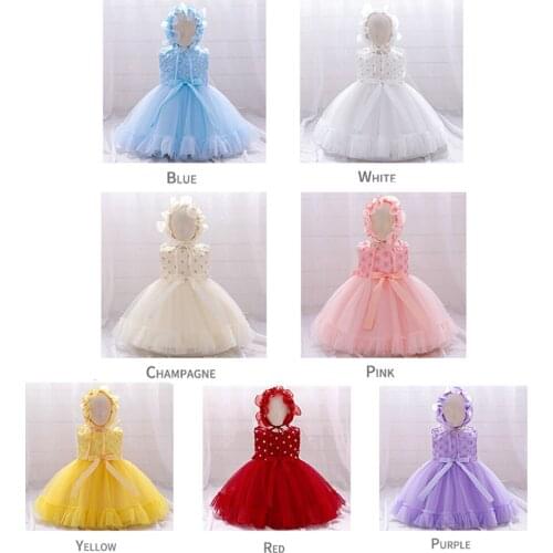Girls' One-Year-Old Dress Solid Color Flowers With Net Yarn Princess Dress Cute Style 6 Months-3 Years Old