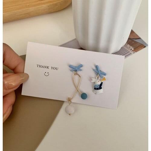 Simple Cute Blue Rabbit Bow Drop Earrings For Women Asymmetry Ear Jewelry Accessories Girl Gift Japan Fashion