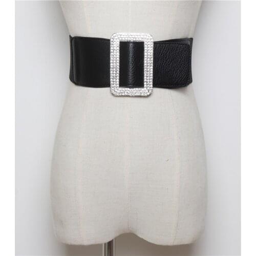 Rhinestone Buckle Waist Belts Elastic PU Waistband Strech Belt for Shirt Coat Jacket Women Autumn Wide Corset Girdle White Red