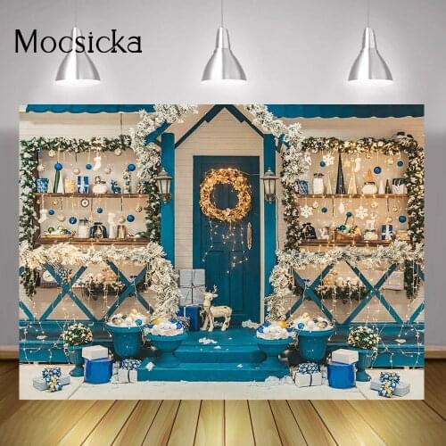 Christmas Gifts Shop Backdrop Decorations Winter Blue House Birthday Cake Smash Portrait Background Merry Xmas Photography