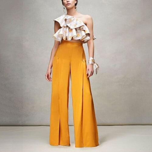 STYLISH LADY Elegant OL 2 Piece Set Women One Shoulder Ruffle Top and Wide Leg Pant Set 2020 Summer Office Lady Outfits