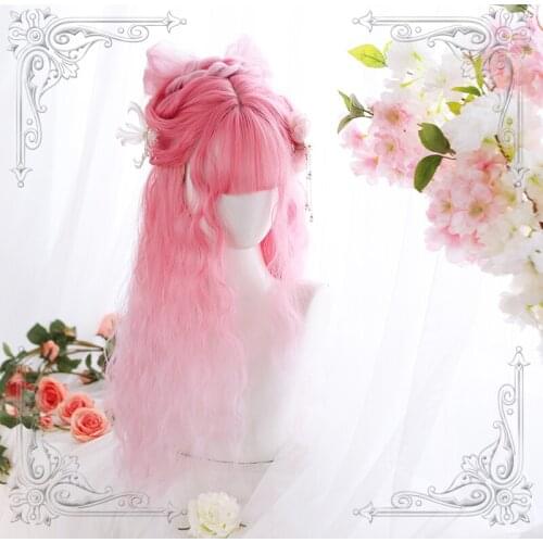 High Quality Lolita Sakura Pink Daily Girl Sheep Curly Long Hair Light Air Bangs Wig Cosplay Party