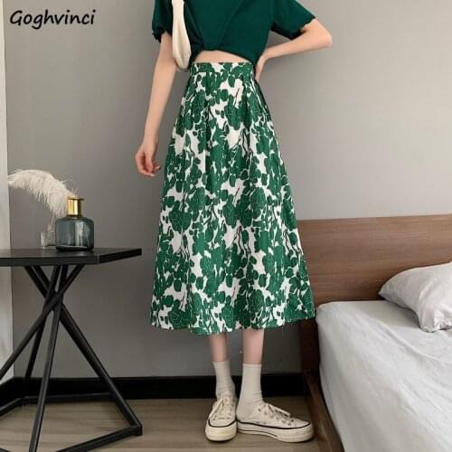 Skirts Women Print Retro Slim Popular Soft Korean Style Streetwear Leisure Folds Students Female Green Fashion Clothing Summer
