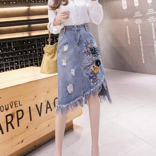 2021 Women Spring Summer New Casual Loose Denim Skirt Lady Hole Embroidery High Waist Irregular Skirt Female Vintage Faldas H697