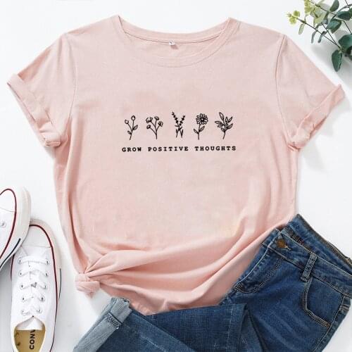 Grow Positive Thoughts T-shirt Vintage Women Floral Print Tshirt Summer Casual Short Sleeve T Shirt Female Simple Versatile Top