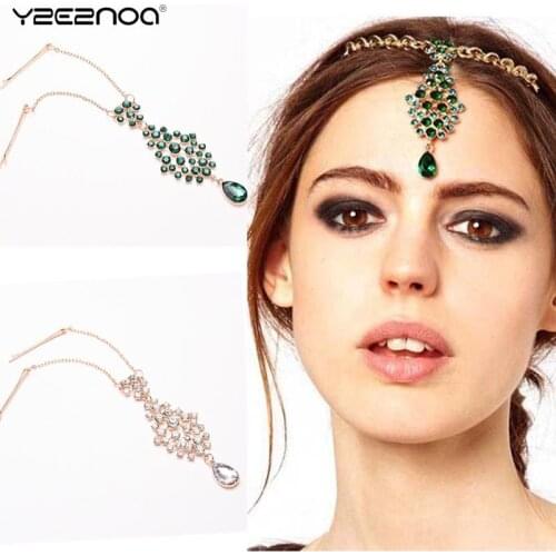 Women Indian Hair Bands Flower Hair Pins Ethnic Jewelry Accessories New Fashion Crystal Rhinestone Pendant High Forehead
