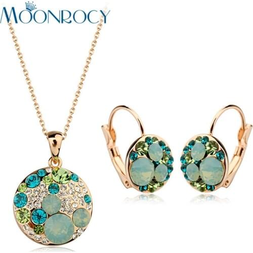 MOONROCY Free Shipping fashion Cubic Zirconia green crystal necklace and earrings Jewelry set Rose Gold Color for women