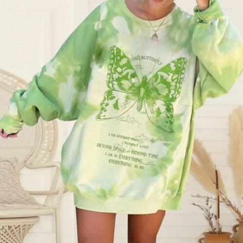 Plus Size Womens Sweatshirt Butterfly Print Tie-dye Long-sleeved Autumn Ladies Pullover Green Hoodie Casual Loose Pullover Top