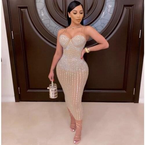 Women Sexy Sleeveless Lace Mesh Sparkly Diamond Party Dress 2021 Ladies Designer Midi Club Evening Celebrity Bodycon Dress