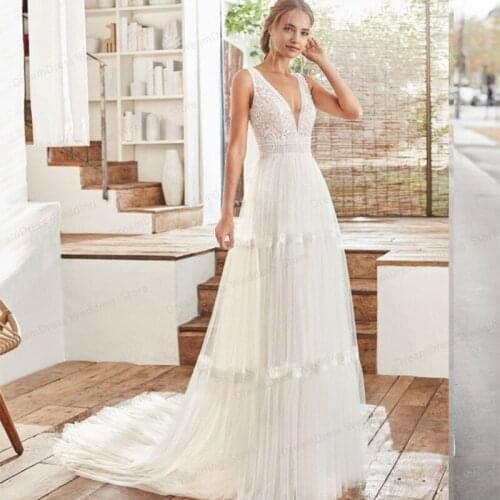 Sexy A-line Vestido de Noiva V-neck Ivory Wedding Dresses 2021 Simple Tulle Bride Dress Backless Wedding Gowns Robe De Mariee