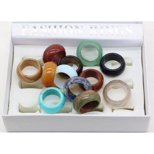 New 12pcs Natural Stone Rings Suit Mix Color Exquisite Agates Rings Suit fit Women Jewerly Rings Match Gift Box Wide 12mm