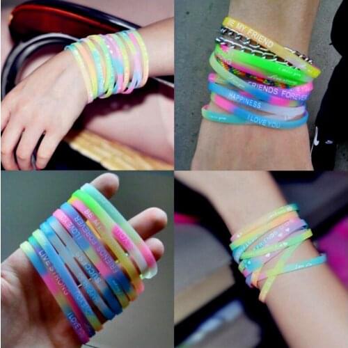 5pcs Women Silicone Bracelet Lucky Letter Sports Casual Wristband Band Gifts For Girls Luminous Rubber Bracelet Accessories