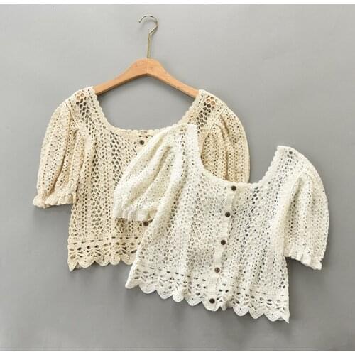 Puff sleeves short hollow out crochet blouse women loose sunscreen palace Princess lace shirt crop top 2021 spring and summer