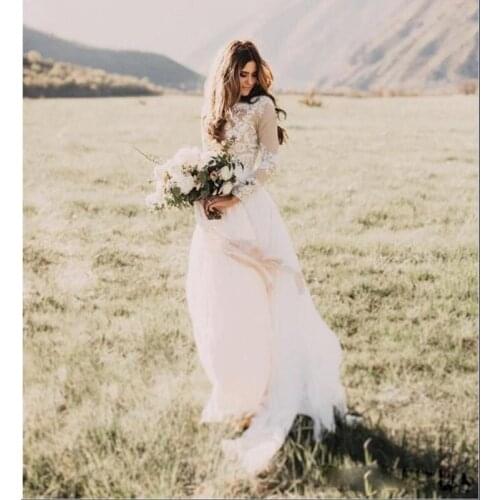 Bohemian Country Wedding Dresses With Sheer Long Sleeves Bateau Neck A Line Lace Applique Chiffon Boho Bridal Gowns Cheap