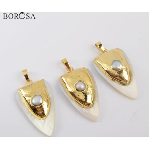 BOROSA 10Pcs Shield Natural White Shell & Pearls Pendant in Gold Geometric Shell Pearl Pendants for Earrings Handmade G1916