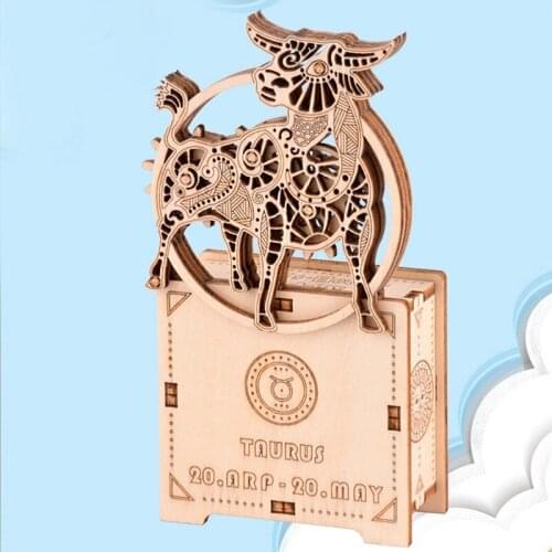 Wooden Three-Dimensional Jigsaw Puzzle Hand-Assembled Taurus Model Toy Adult Diy Plug-In Building Blocks Music Box