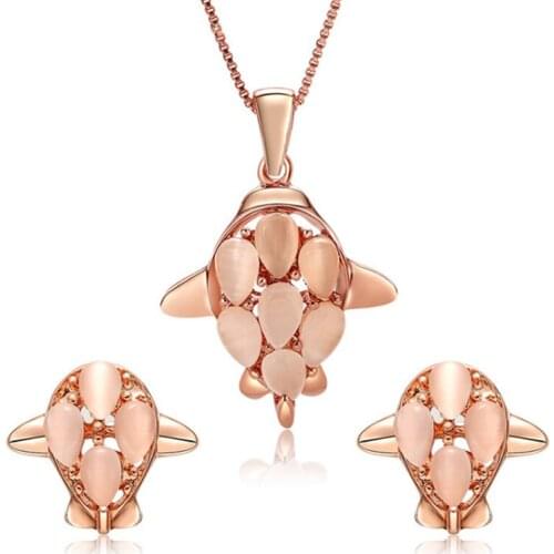 FYJS Unique Rose Gold Color Cat Eye Stone Plane Pendant Necklace Earrings Attractive Desig Jewelry Sets