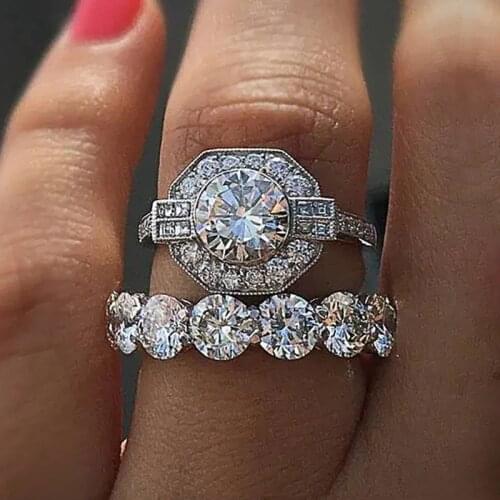 Huitan Fashion 2Pcs Set Rings Women for Party Novel Design Accessories Top Quality Silver Color Brilliant Cubic Zirconia Jewelry