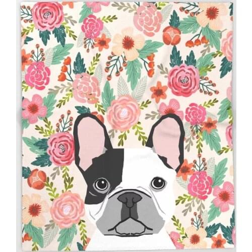 Bull Dog Cartoon Throw Blanket Cute Kids Design French Bulldog Floral Dog Blankets for Beds Christmas Decorations for Home