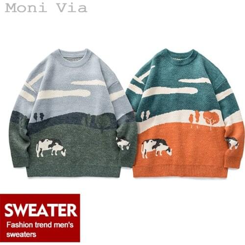 2021 Mens Pringting Pullover Autumn Winter Cows Round Collar For Men Vintage Korean Fashion Anime Harajuku Casual Men Sweater