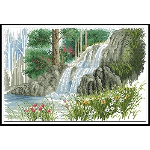 Joy Sunday Stamped Cross Stitch Kits Spring Waterfall Scenery Patterns 14ct 11ct Printed on Canvas DIY Handmade Embroidery Kits