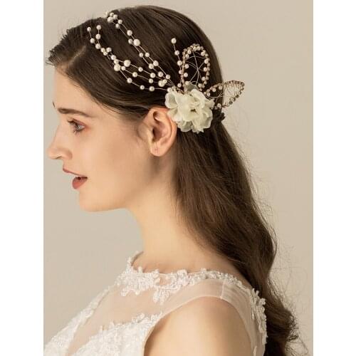 Elegant Retro Bridal Headdress Rabbit Ears Pearls Chain Gauze Flower Handmade Hairnip for Wedding Perform Studio Travel O553