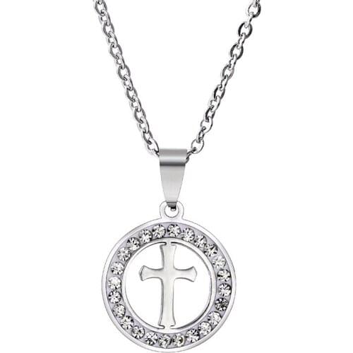 Wholesale Trendy Stainless Steel Cross Necklace For Women Geometric Crystal Round Pendant Necklace Custom Jewelery Gift