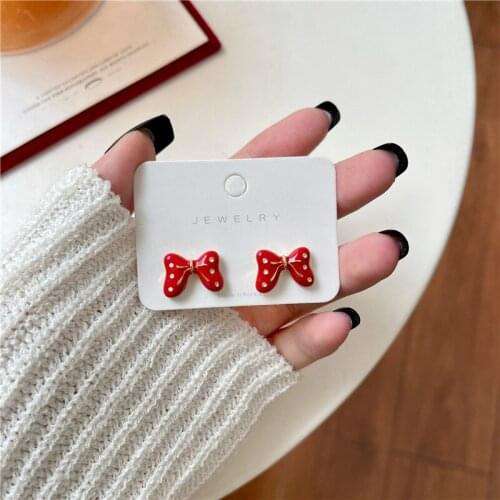 Cute Women Earrings Stud Wholesale Bow Red Point Sweet Charm Jewelry 2021 New Trend Elegant Ear Piercing Korean Accessories