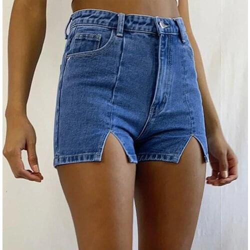 Blue Jeans Shorts 2021 Summer Fashion Temperament High Waist Split Stretch Denim Shorts Women Solid Sexy Slim Worn Fashion Short