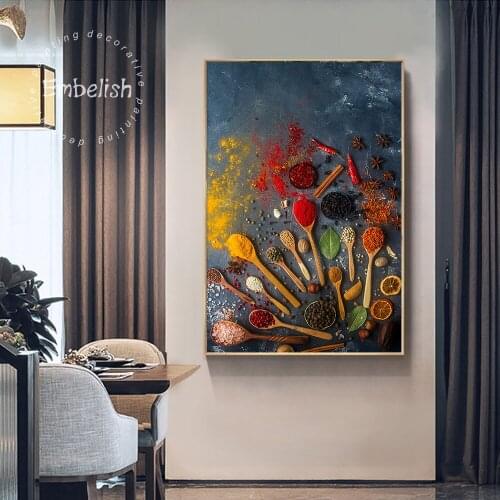 Embelish Various Peppers Grains Spoons Large Kitchen Home Decor Wall Art Poster For Living Room HD Canvas Scandinavian Painting