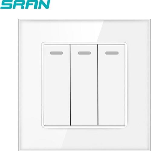 SRAN UK power Switch,16A 250V luxury 86mm*86mm white/black/gold crystal tempered glass panel 3gang 1way wall switch A610-31