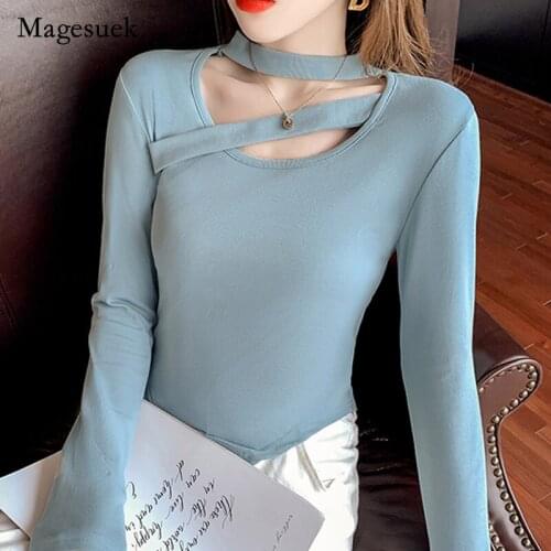 2021 Autumn Women New T-shirt Solid Cotton O-neck Long Sleeve T-shirt for Women Casual Hollow Out Halter Clothing Blusas 16504