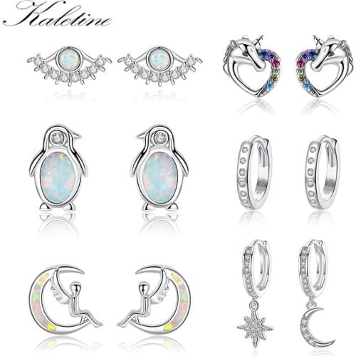KALETINE 925 Sterling Silver Opal Stud Earrings Angel Wings Penguin Unicorn Heart Blue Opal Earrings For Women Fine Jewelry