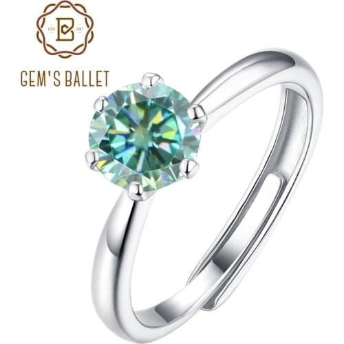 GEMS BALLET Real 925 Sterling Silver Adjustable Open Green Moissanite 1ct 6Prong Rings For Women Bijoux Party Engagement Gift
