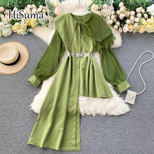 2021 spring new female turn down collar lantern sleeve ruffles chiffon irregular shirts women elegant waist blouses fairy shirt