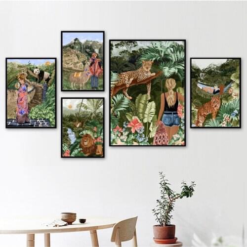 Abstract Leopard Lion Panda Tiger Woman Leaves Wall Art Canvas Painting Nordic Posters And Prints Decor Pictures For Living Room