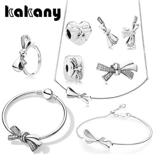 KAKANY Authentic Standard 925 Sterling Silver Classic Charm Gorgeous Bow Bracelet Beaded Earrings Rings Safety Clips Necklaces
