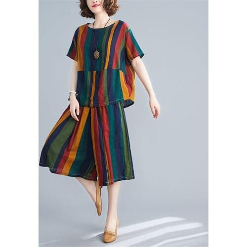 Rainbow StripeWide Leg Pant Women Two Piece Set short Sleeve summer Casual Outfit Matching Set Casual Homewear 2021 Crop Top Set