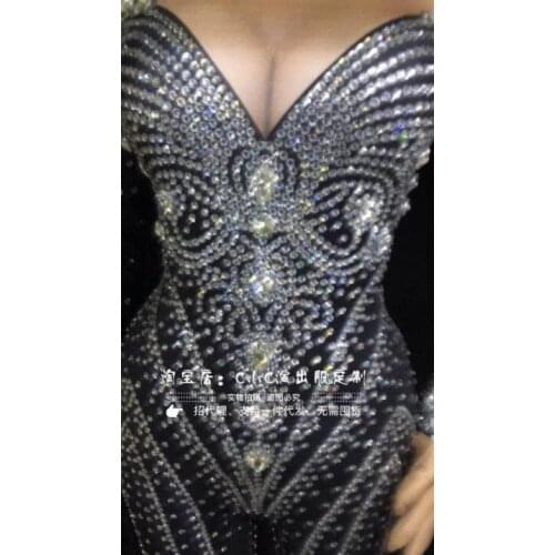 Black extra-atmospheric shoulder glass diamond rhinestone elastic costume bar party party concert singer dancer costume