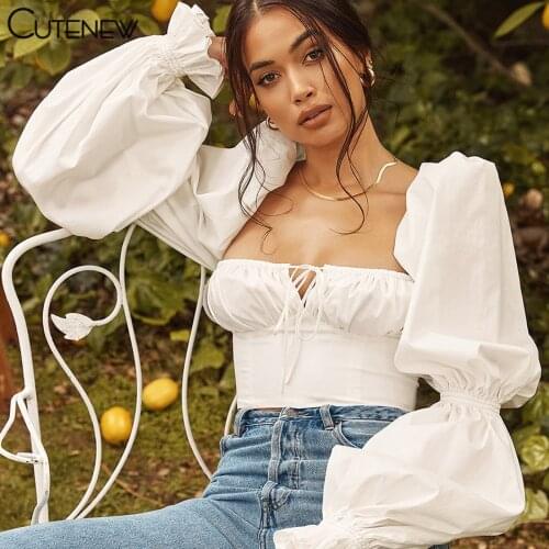 Cutenew Summer Solid White Square Collar Puff Sleeve T-Shirt Womens Clothes Elegant Sexy Backless Crop Tops Long Sleeve Lady Tee