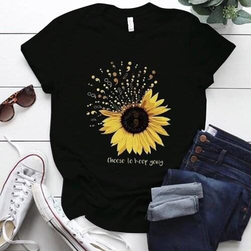 Seeyoushy Graphic Tee Shirt Femme Choose To Keep Going Sunflower Print Funny Women T -shirt Short Sleeve Summer Top Mujer 2021