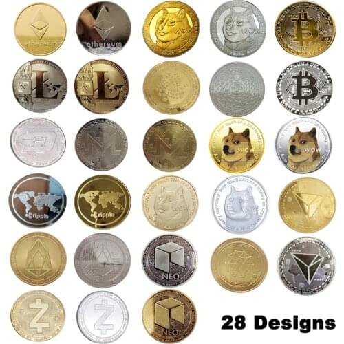 28 Designs Gold Silver Plated Crypto Coins Bitcoin/Ethereum/Litecoin/Dash/Ripple/Monero/EOS Metal Physical Coins Free Shipping