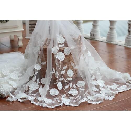 Free shipping Ivory Embroidery Lace Fabric,lovely 3D flowers cloth Wedding Bridal Lace Home Curtains Decor Fabric