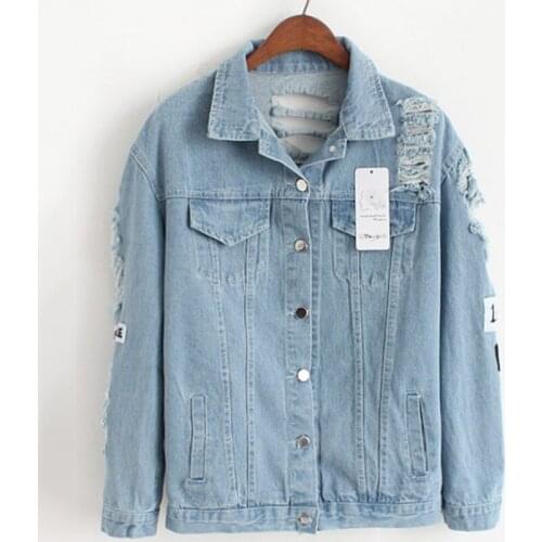 Spring and Autumn New Womens Denim Jacket Fashion Print Patches Thin Top Womens Plus Size Loose Hole Long sleeve Overcoat