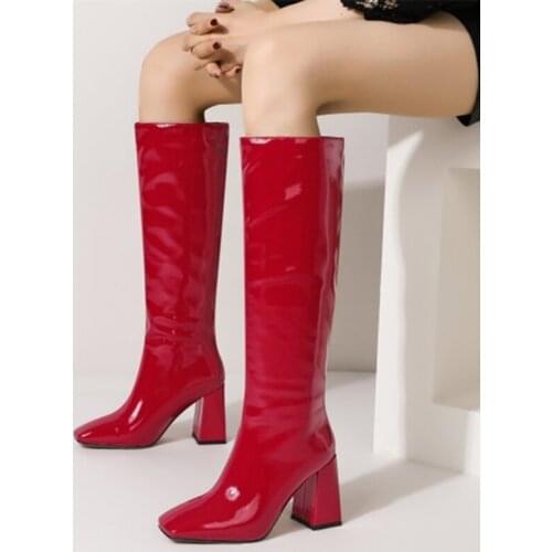 Patent Leather Fashion Women Boots Solid Color Simple Style Casual Ladys Knee High Boots Square Toe Chunky Heel Big Size 43