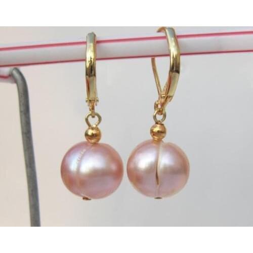 Natural 11-12mm AAA baroque lavender SOUTH sea pearl dangle earrings 14k/20 gold