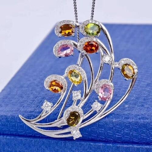 Natural Multicolor tourmaline Elegant flowers leaves wings brooch Pendant natural gemstone brooch S925 silver women gift jewelry